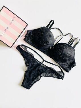 38B LARGE Victoria’s Secret black strappy bra set bling brazilian panties